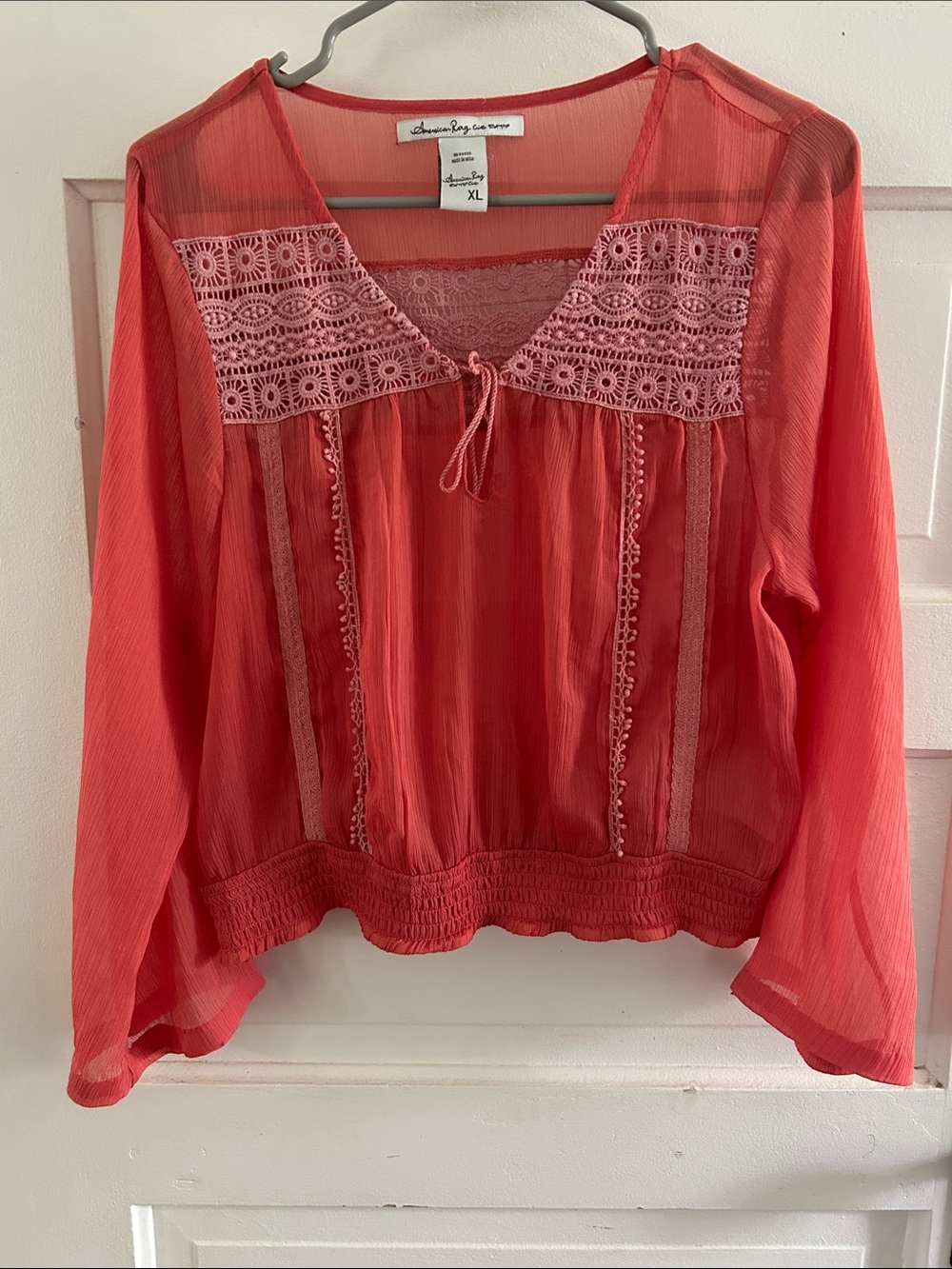 American Rag Coral Crochet-Paneled Peasant Blouse